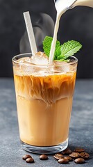 Iced Coffee with Milk Splash and Mint, pouring sequence shot with threestep milk entry shown simultaneously, mint as accent color, balanced exposure and creative storytelling
