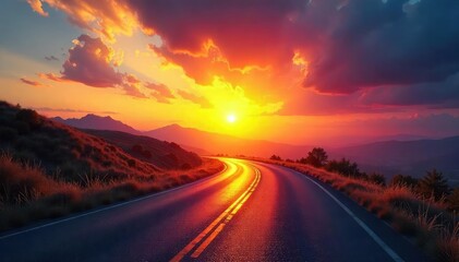 Naklejka premium A winding road disappearing into a vibrant sunset, symbolizing the exciting possibilities and unknown adventures that lie ahead on life's journey , wilderness, picturesque