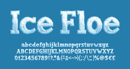 Ice Floe alphabet font. Cartoon letters, numbers and different symbols. Uppercase and lowercase. Stock vector typeface for your typography design.