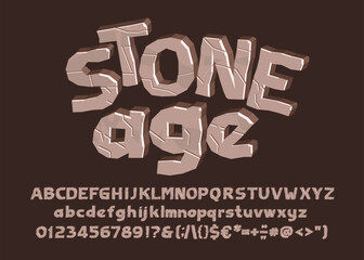 Stone Age Cartoon alphabet font. Type letters, numbers, symbols. Uppercase and lowercase. Stock vector typeface for your design.