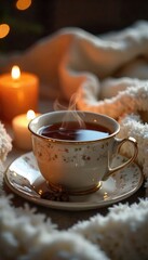 Close-up of a steaming cup of tea, surrounded by soft blankets and candles, creating a cozy and warm atmosphere perfect for relaxation , wellness, home