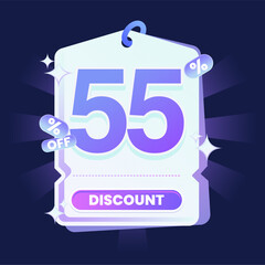 Stylish discount tag illustration featuring a glowing blue and purple gradient color scheme on a dark navy background. Includes sparkles and modern 3D text effects. Ideal for online shopping campaigns