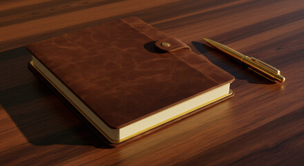 Luxurious Brown Leather Notebook and Gold Pen on Wooden Desk Elegant Office Supplies