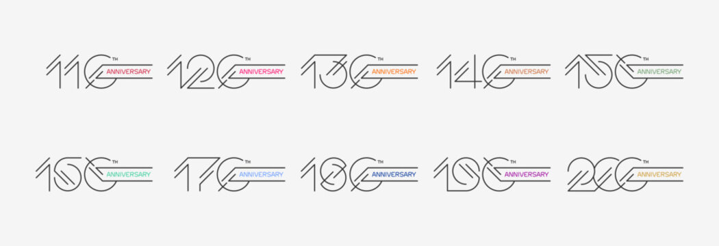 Set of anniversary logo design in outline style. From 110 to 200. Stock vector illustration for celebration event, greeting card, invitation etc. 