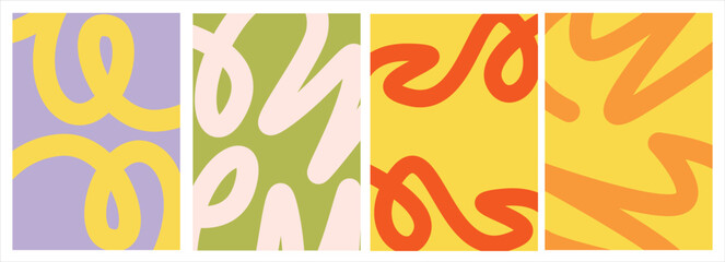 Four colorful panels featuring abstract, squiggly line patterns.
