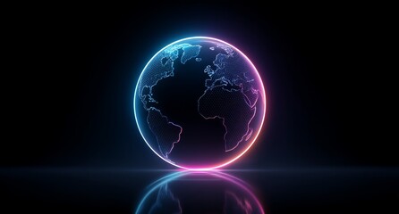 The vibrant pink and blue hues of a neon globe are illuminated on a reflective dark surface, creating a piece of abstract digital art with a cosmic theme