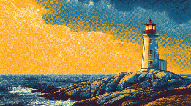 Lighthouse on rocky shore, guiding light against cloudy sky, symbol of safety in maritime navigation, print for National Lighthouse Day - Powered by Adobe