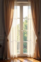 Elegant sheer curtains billow gently in a breeze, obscuring the view beyond yet allowing soft, diffused light to filter through, creating a sense of mystery and privacy , mystery, flowing