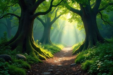 Enchanted woodland path, dappled sunlight filtering through ancient trees, moss-covered stones, mystical atmosphere, magical realm , ancient, wonder