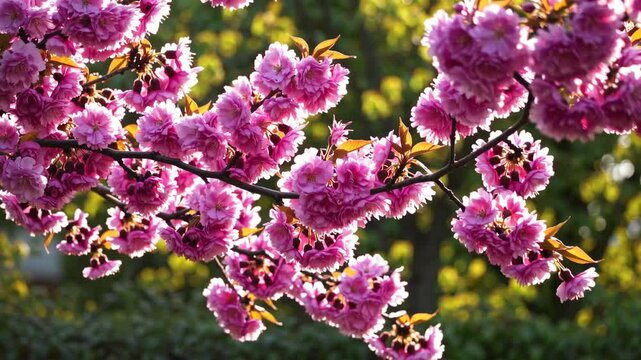 Spring border or background art with pink blossom. Beautiful nature scene with blooming tree and sunny