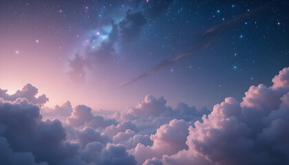 A breathtaking view from above a sea of clouds, gazing up at the vibrant milky way galaxy in a star-studded night sky.