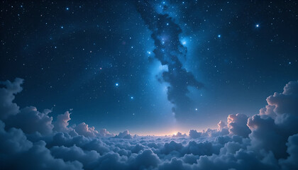 A breathtaking view from above a sea of clouds, gazing up at the vibrant milky way galaxy in a star-studded night sky.