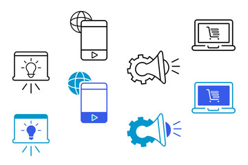 Digital marketing line and flat icons set. Marketing & Search Engine Optimization (SEO), Website, search, mail, analysis, content, strategy icons. Editable vector illustration