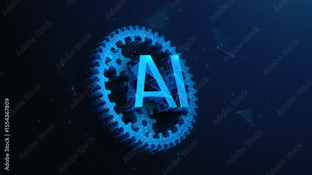 Poster low poly ai over spinning planetary gears animation.artificial intelligence technology online servic