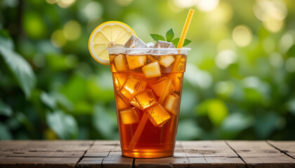 A refreshing glass of iced tea with lemon and mint on a wooden table outdoors.