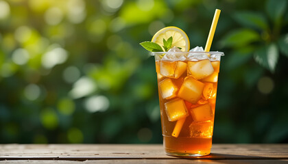 A refreshing glass of iced tea with lemon and mint on a wooden table outdoors.