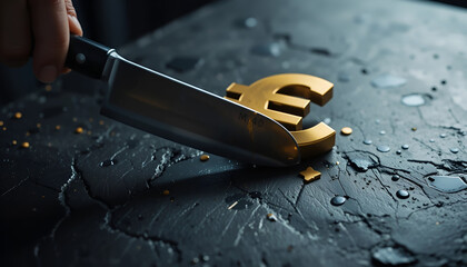 A dramatic conceptual image of a knife cutting a golden euro symbol on a dark.