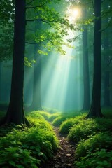 Fototapeta premium Misty morning in a Carpathian forest, sunlight filtering through ancient trees, dew-kissed leaves, vibrant green foliage, serene atmosphere , morning, dawn, beauty