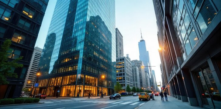 Modern glass office building in downtown Chicago, Illinois Sleek architecture, city skyline view, corporate business, commercial real estate Ideal for brochures and websites , commercial, facade