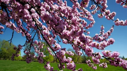 Spring border or background art with pink blossom. Beautiful nature scene with blooming tree and sunny - Powered by Adobe