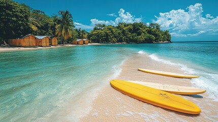 Tropical Island Beach with Surfboard and Wood Cabin: Vacation Elements for Resort Marketing
