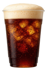 A frothy crown of soda foam swirling inside a transparent plastic cup, showing layers of fizz and liquid.
