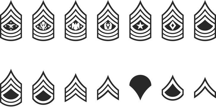 A complete set of army ranks from private to the highest rank of sergeant, a set of icons of military army ranks in black.