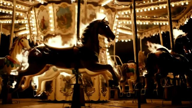 Dramatic medium shot of a burning vintage carousel with horses engulfed in intense flames spinning chaotically at night