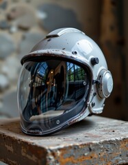 Off White Vintage Space Helmet with Clear Visor on Rustic Wooden Surface