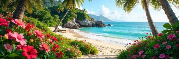 Serene coastal garden overflowing with vibrant blooms, lush greenery, and sandy beach in the background Perfect for relaxation, travel, and nature themes , summer, blossom, tranquil