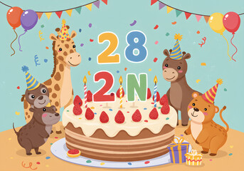 Fototapeta premium 28th Birthday Party Celebration with Cartoon Animals and Cake | Fun Illustration for Greeting Cards, Invitations, and Children's Marketing