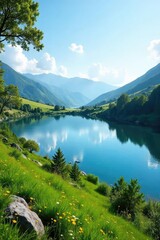 Fototapeta premium Serene landscape featuring a tranquil lake nestled amidst rolling hills and lush greenery under a clear sky Perfect for travel, nature, and environmental themes , tranquil, sunlight, peaceful