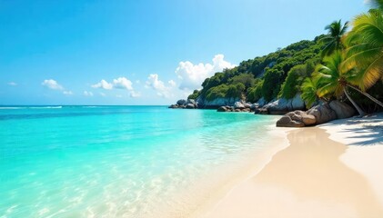 Naklejka premium Serene, turquoise water gently laps a tranquil, sandy shore under a clear sky Perfect for relaxation and meditation themes , holiday, coast, sky