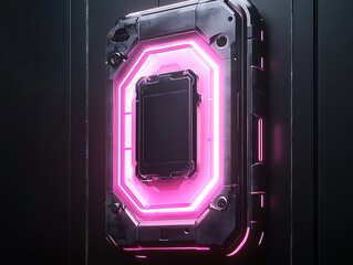 Gadget case mockup shown inside holographic prism UI with glowing pink aura