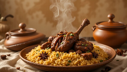A delicious and rustic presentation of steaming hot chicken biryani, with a tender leg served over aromatic rice and garnished with star anise.
