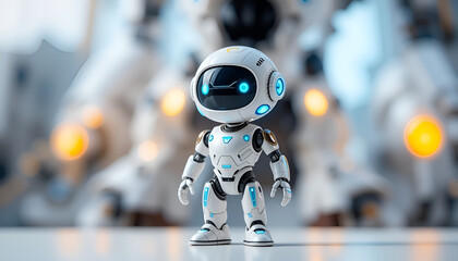 A cute and friendly miniature white robot with glowing blue eyes, standing in a futuristic high-tech environment with a large blurred machine in the background.
