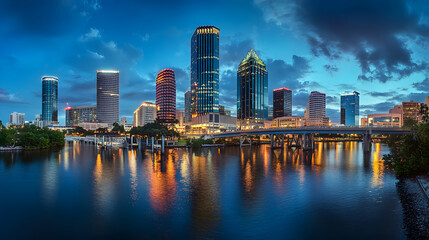 Fototapeta premium Tampa, Florida city skyline at night with buildings. Illustration of popular places in the world.