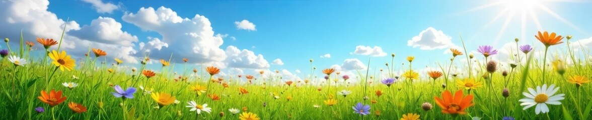 Obraz premium Sun-drenched meadow bursting with wildflowers in full bloom, vibrant green grass, and a clear blue sky overhead Perfect summer scene , idyllic, bloom, hot