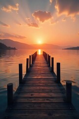 Obraz premium Tranquil scene of a wooden dock extending into calm waters, meeting a serene shoreline at sunset Perfect for travel, nature, or relaxation themes , clouds, dock, texture