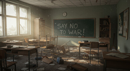 Deserted classroom anti war message