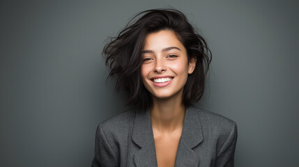 Obraz premium Happy young businesswoman smiling confidently in blazer, professional portrait. Success, ambition, and modern elegance in the workplace.