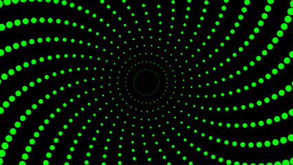 Abstract green dot spiral pattern forming a vortex on a black background. Ideal for backgrounds, optical illusion designs, or science fiction themes.