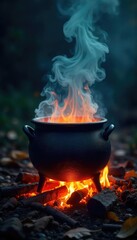 A bubbling cauldron sits over a crackling fire, steam rising amidst swirling shadows, hinting at a mysterious brew Perfect for Halloween, fantasy, or witchcraft themes , spell, ingredient, lore