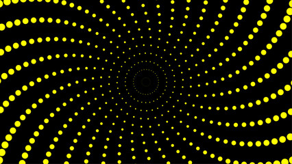 Abstract yellow dot spiral pattern forming a vortex on a black background. Ideal for backgrounds, optical illusion designs, or science fiction themes.