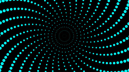 Abstract cyan blue dot spiral pattern forming a vortex on a black background. Ideal for backgrounds, optical illusion designs, or science fiction themes.