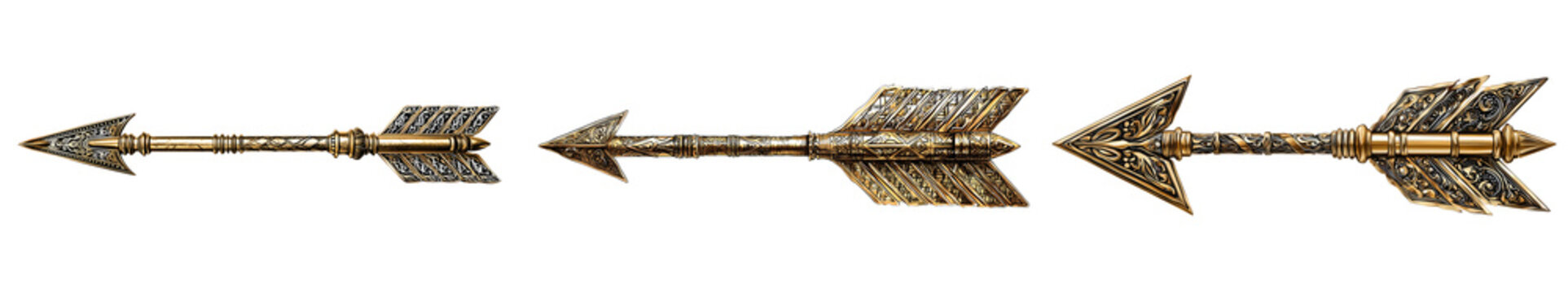 Set of a golden arrow with an ancient pattern, isolated on a transparent background.