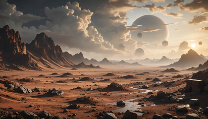 A majestic science fiction landscape of a vast red desert on an alien planet, with multiple moons and a ringed planet in the cloudy sky at sunset.