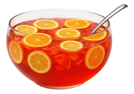 Punch bowl of cherry lemonade with floating citrus slices and ladle for communal summer celebrations