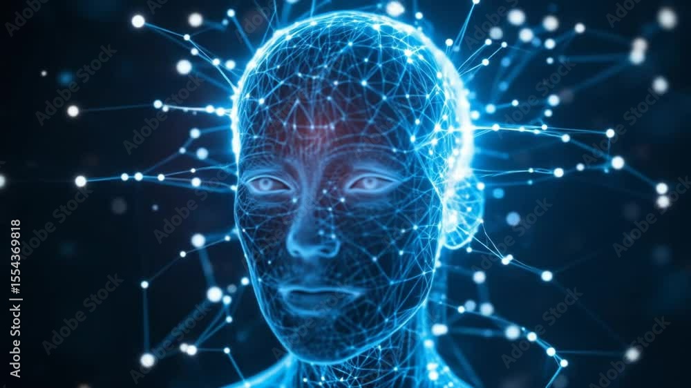 Poster digital human head with glowing neural network, artificial intelligence concept, machine learning. a