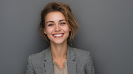 Happy young businesswoman smiling confidently in blazer, professional portrait. Success, ambition, and modern elegance in the workplace.